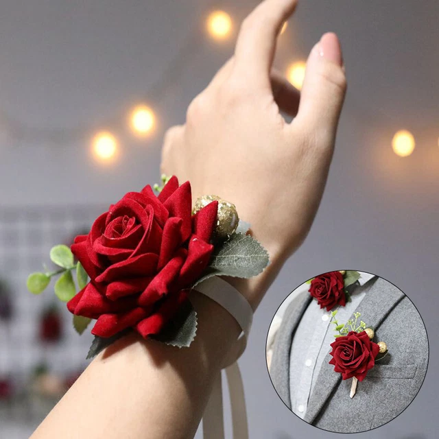 Wedding Rose Wrist Flower Corsage Wristlet Band Bracelet Men Boutonniere Brooch