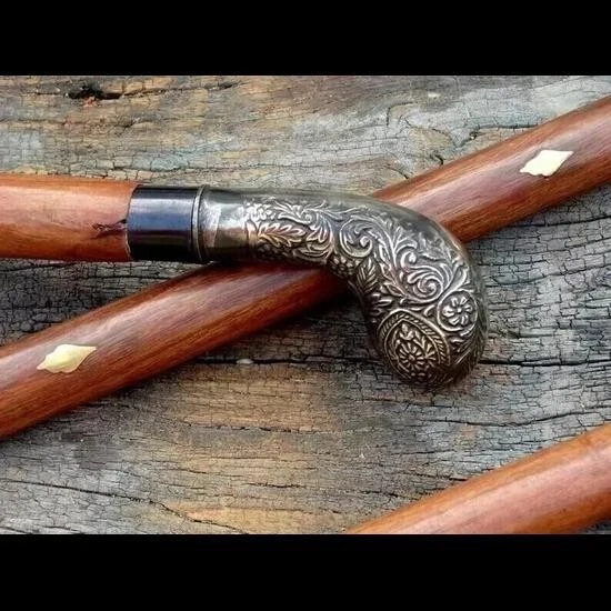 Bastone Da Passeggio Legno Maniglia Da Passeggio Vintage In Ottone Per Bastone - Stile Vittoriano, In Legno Di Palissandro, Riproduzione Antica Bastone Da Collezione 1800 - Foto 4