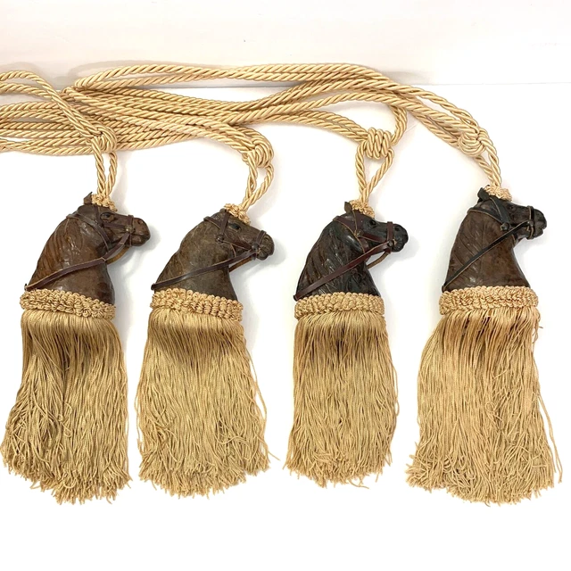 Vintage Brown Leather Head Horse Drapery Equestrian Curtain Tieback Gold Tassels