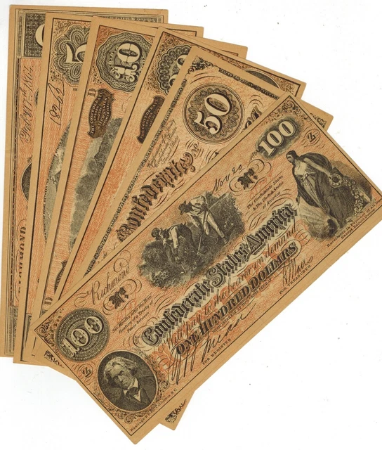 Six c1960s CONFEDERATE STATES Facsimile Notes $1, $5, $10, $20, $50, $100