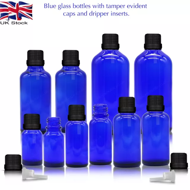 Wholesale Cobalt BLUE GLASS Bottle with TAMPER EVIDENT PLASTIC CAP DRIPPERS Bulk