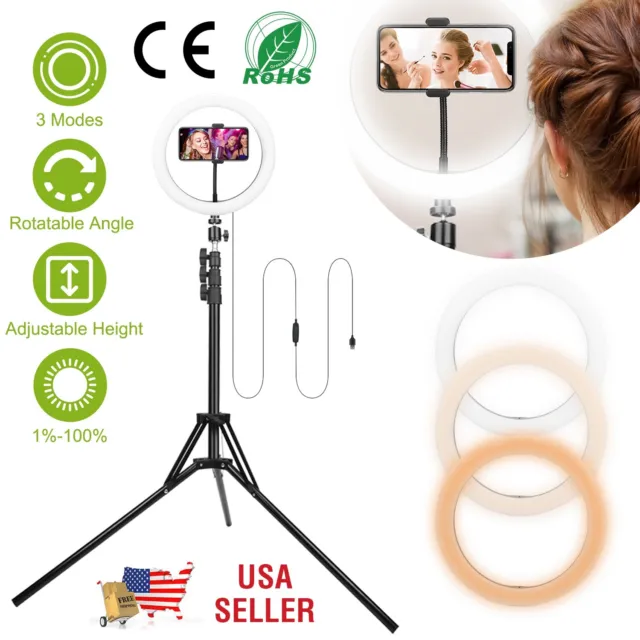 10.2in LED Selfie Ring Light w/ Tripod Phone Holder Stand For Makeup Live Stream