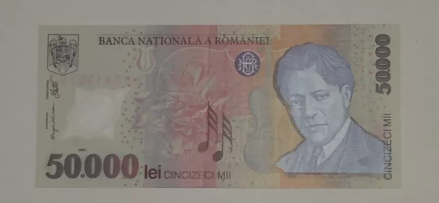 2001 ROMANIA 50000 LEI BANKNOTE POLYMER AUNC very light fold