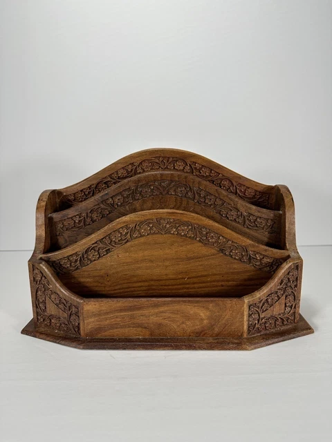 Vintage Solid Hand Carved Wood Mail/Letter Holder/Sorter Desk Organizer 10.5"L