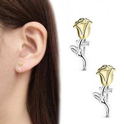Women Fashion 925 Silver Gold Two-tone Earrings Rose Flower Ear Stud Jewelry