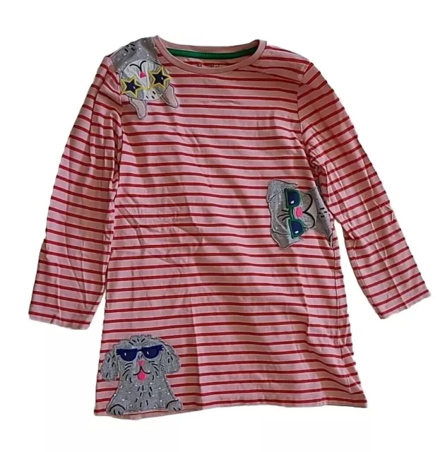 Mini Boden Girls 11-12 Tunic Shirt Dress Applique Cat Dog Stripes Pink Red