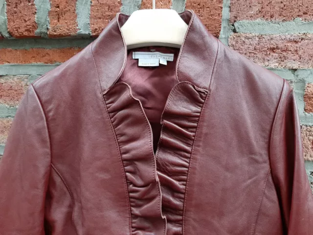 Women's LEATHER  Dressy Jacket/Blazer WINE Red BURGUNDY RUFFLE Hidden Tie Front