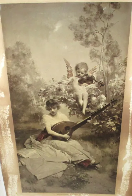 Franz Hanfstaengl Woman & Cupid Playing Guitar Old Original Photographie