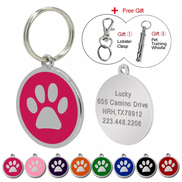 Paw Print Personalized Dog Tags Stainless Steel Pet Cat ID Name Tag Free whistle