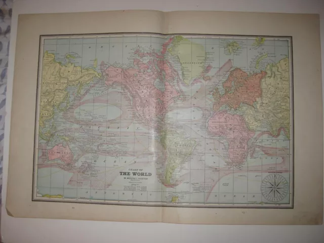 Large Antique 1889 Eastern Hemisphere & World Map Maritime Mercator Asia Europe