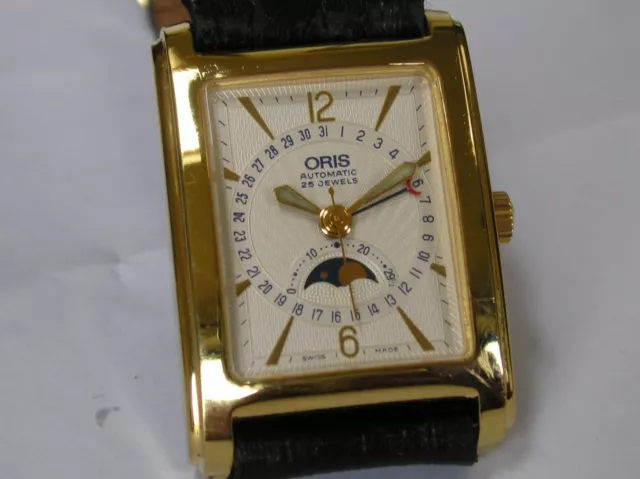 Vintage Gents Swiss Oris Moon Phase Pointer Tank  Gold Gp Automatic Watch Gwo 2