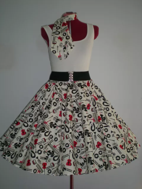 ROCK N ROLL/ROCKABILLY "All things Rock N Roll" SKIRT & SCARF M-L White/Red/Blk