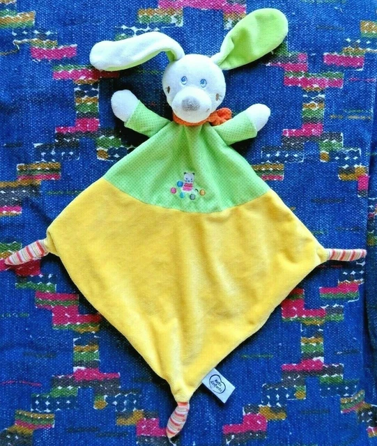 Ip / Doudou Plat Mots D'enfants Lapin Vert Jaune Orange Chat Balle Quasi Neuf