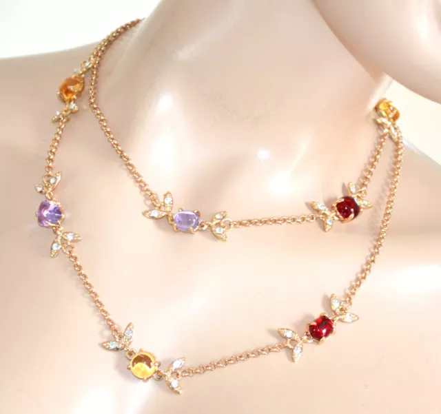 Sautoir long collier femme or chaîne cristaux lilas ambre rouge strass UF205