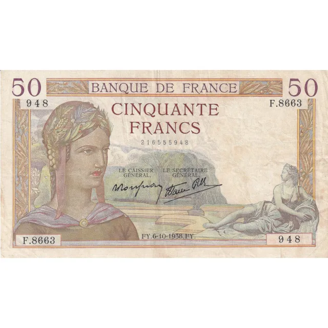 [#195712] France, 50 Francs, Cérès, 1938, F.8663, TTB, Fayette:18.15, KM:85b