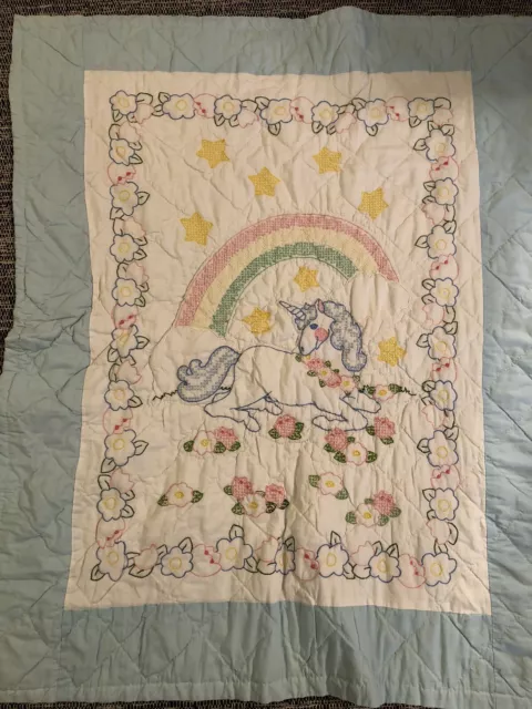 Handmade Baby Quilt Unicorn Embroidered Pastel Yellow Pink Crib  35x42 rainbow