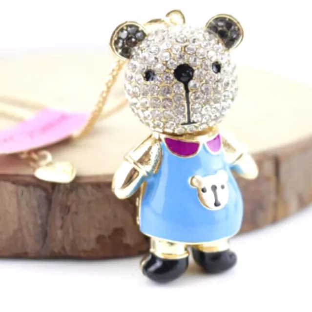 Betsey Johnson Crystal Blue Baby Bear 3D Moving Pendant Necklace Free Gift Bag