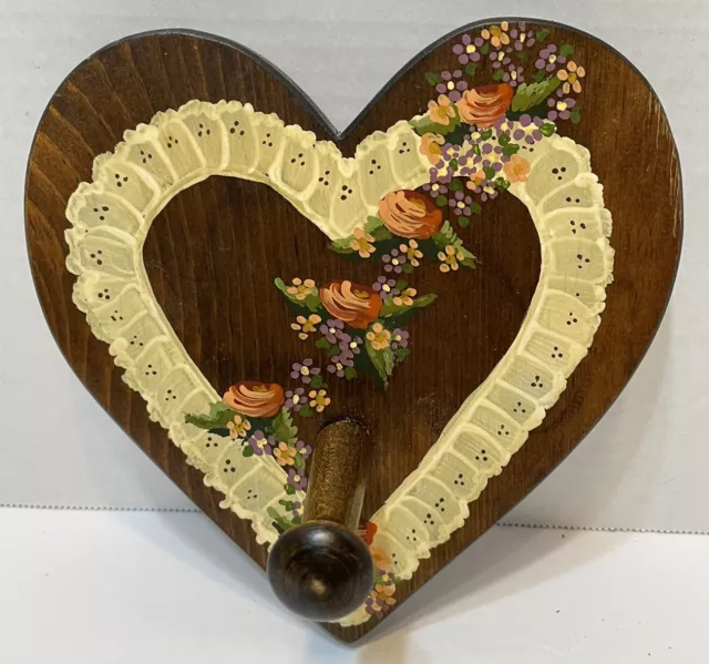 Vintage Hand Painted Floral Wooden Heart Peg Hook Wall Hanging 6.5 x 7 x .75"