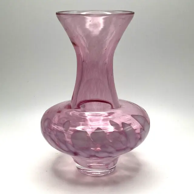 Studio Art Glass Hand Blown Bud Vase White on Pink Speckled Swirled Floral Vase