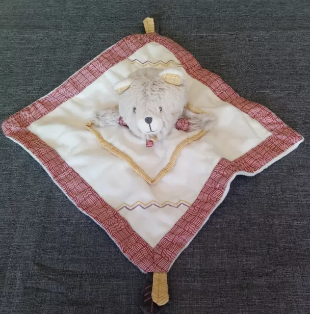 Doudou plat ours Timouki marron chiné blanc prune moutard Sauthon + cadeau