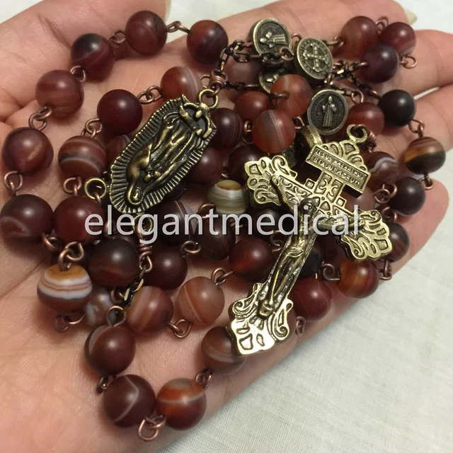 Red Carnelian beads Vintage Catholic St. Benedict Rosary Pardon Cross Necklace