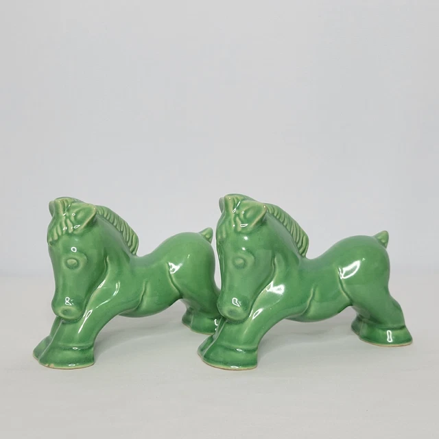 Set of 2 Vintage Ceramic Green Glazed Horse Pony Figurines Statues 5.5" x 4"