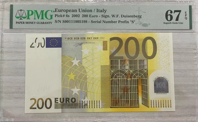2002 European Union/Italy 200 Euro P-6s Prefix“S” PMG 67 EPQ Superb Gem UNC 2002 European Union/Italy 200 Euro P-6s Prefix“S” PMG 67 EPQ Superb Gem UNC