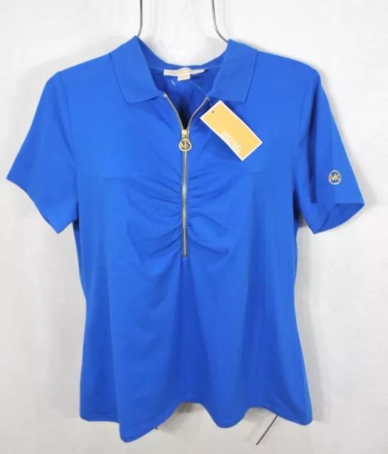 NEW Michael Kors Women's XL Ruched Half Zip Polo T- Shirt Top Blouse Blue NWT