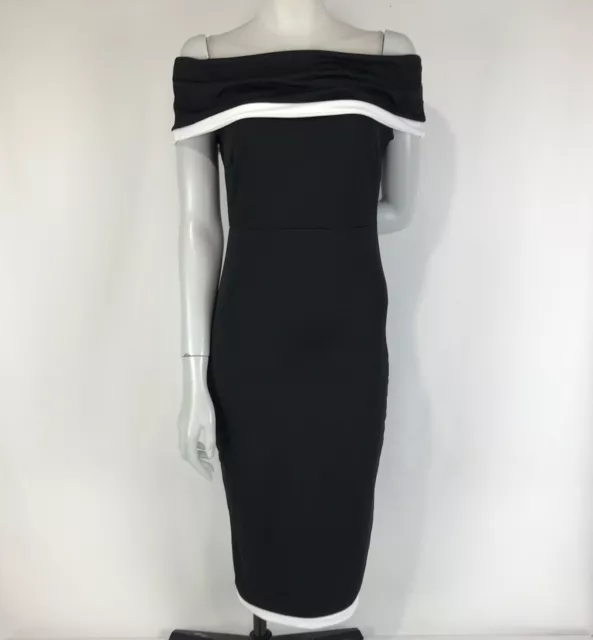 Boohoo Dress Black Size 12 White Contrast Trim Off Shoulder Bodycon Midi Stretch