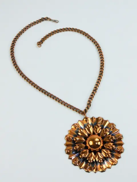 Vintage Renoir Signed LARGE Copper Flower Pendant Statement Necklace 18" Long