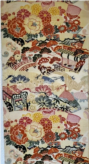 ANTIQUE RARE MARU OBI Japanese Kimono Gold Cranes Red Flower Fans Brocade Fabric
