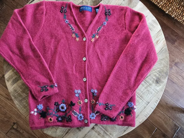 Karen Scott Size Medium 100% Pure Wool Red Floral Embroidered Cardigan