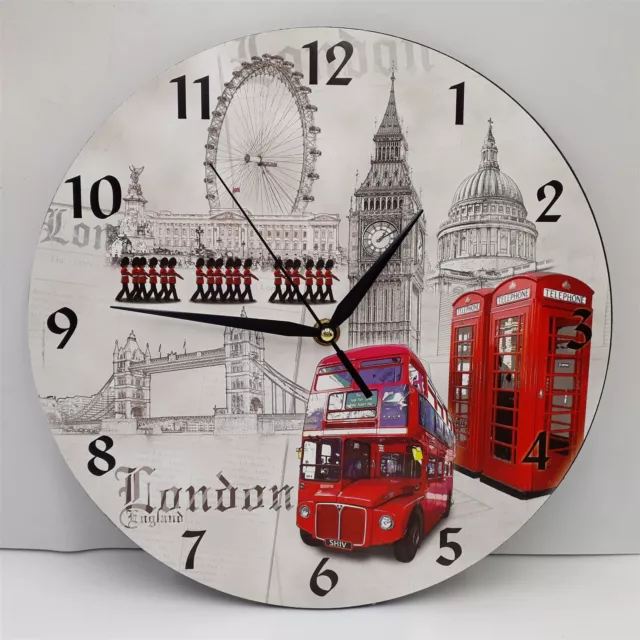 Round Wall Clock 28cm Red Phone Booths Bus Royal Guard Big Ben London Eye Bridge