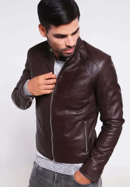Brown Leather Jacket Men Pure Lambskin Motorcycle Racer Biker Size S M L XL XXL