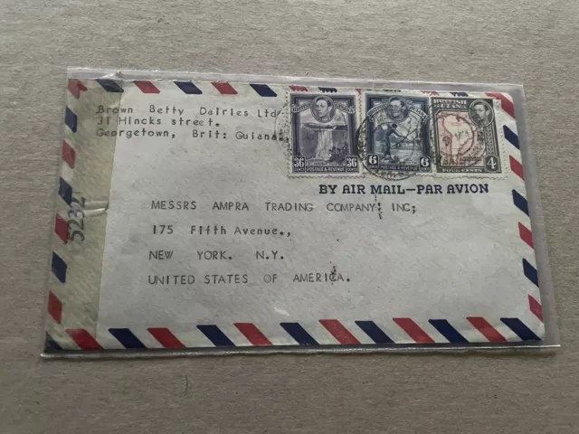 British Guiana WWII Censor Cover to US +Triple Franking KGVI +46C Airmail Rate