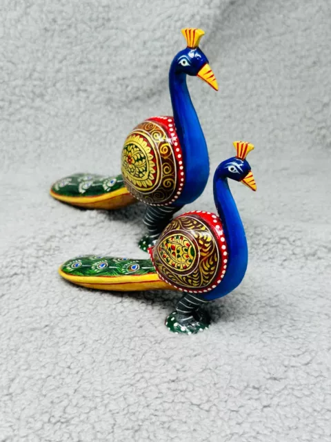 2 Hand Painted Wooden Peacock Figurines Vibrant Exotic Decor Gift
