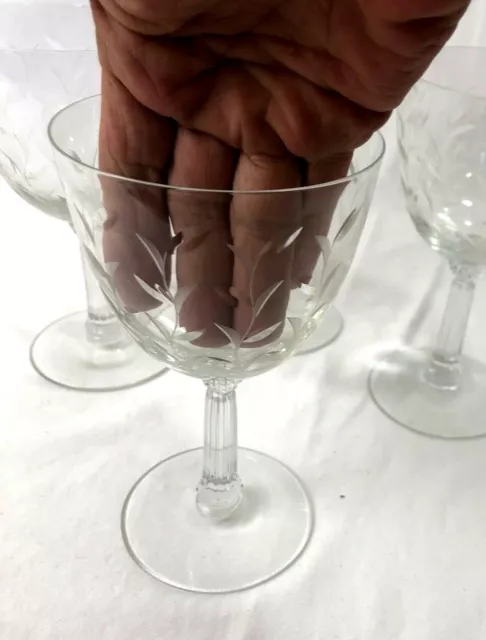 4 VTG Etched Glass Cut Crystal Wine Goblets Stemware Barware Fluted Stem Vine 2