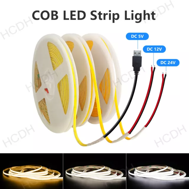 4mm COB LED Strip 5V 12V 24V 480LED Flexible Tape Lights White Home DIY Lighting