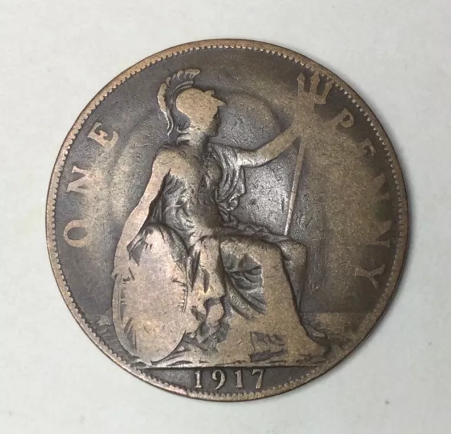 1917 English, UK, British King George V One Penny. Good clear detail.