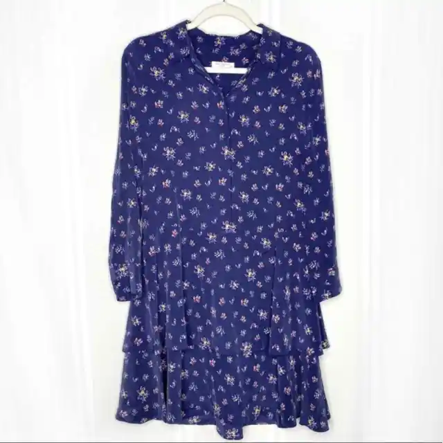 Equipment Femme Tiered Floral Natalia Shirt Dress Blue 100% Silk Long Sleeve