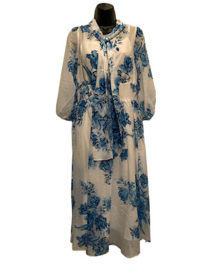 NWT VICKY AND LUCAS Blue and White Long Sleeve Neck BowKnot Fit and Flare Dress
