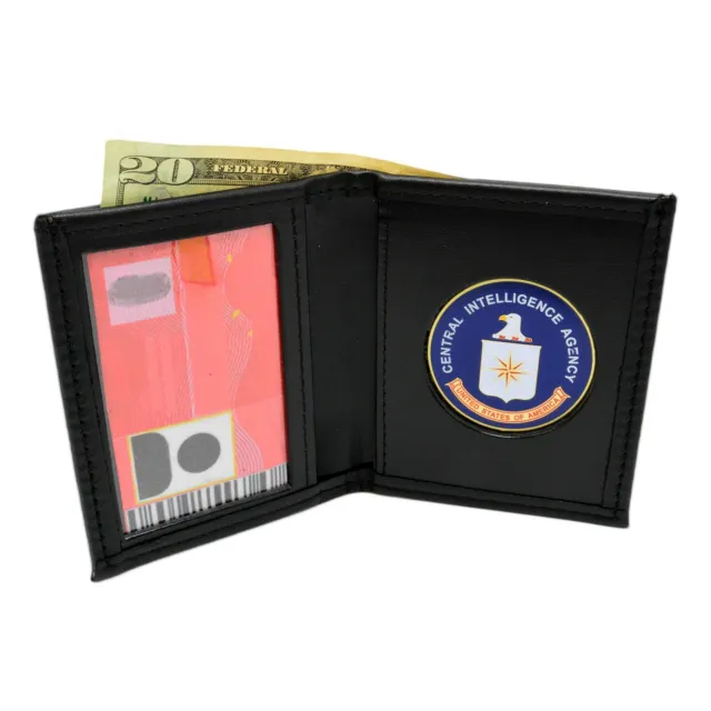 CIA Central Intelligence Agency Mens Black Leather Bi Fold Medallion Wallet