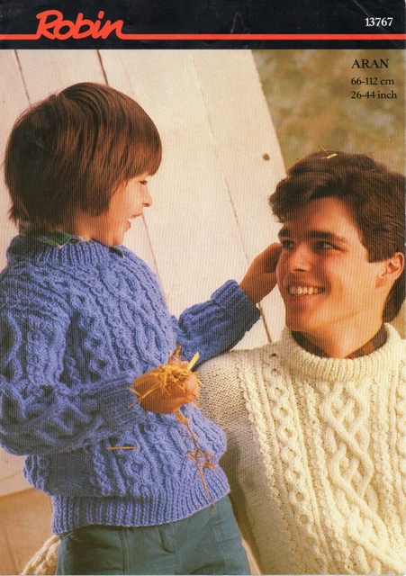 ROBIN KNITTING PATTERN 13767. Aran sweater 26-44