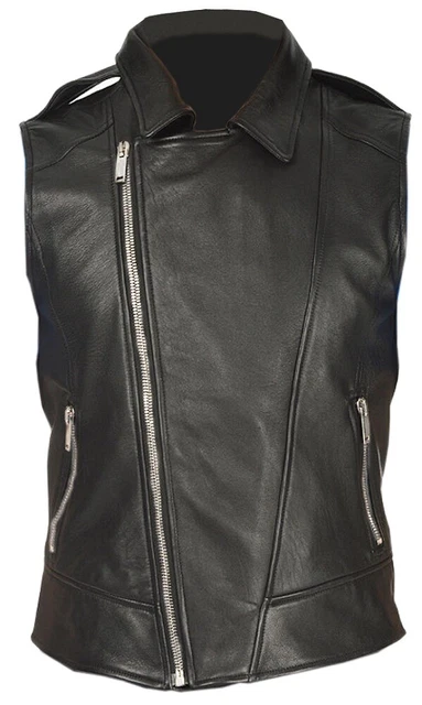 Uomo Vero Mucca Pelle Nero Motociclista Stile Gilet IN Maglia