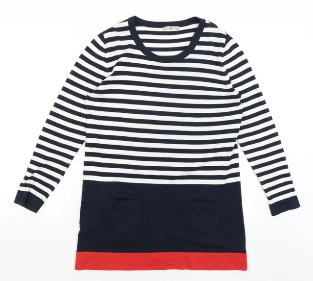 TU Womens White Scoop Neck Striped Cotton Pullover Jumper Size 12