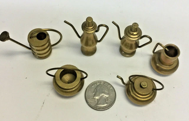 VINTAGE INDIA MINIATURE BRASS FIGURES PITCHER EWER TEA POT WATERING CAN 6 pieces
