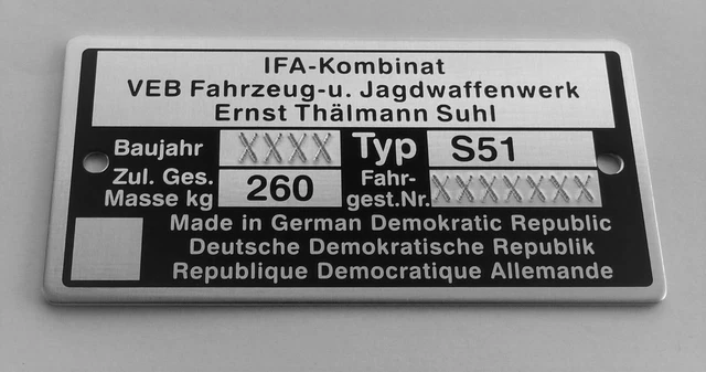 Typenschild Simson S51 Wie Original Gestanzt Gebogen, Kerb.l