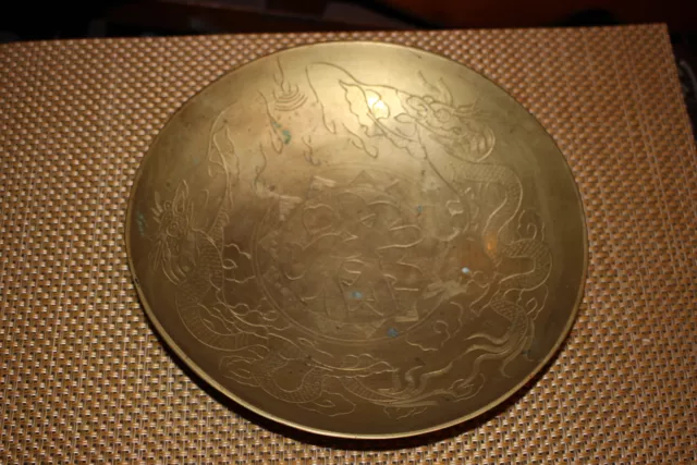 Antique Chinese Asian Brass Bowl Dragons Symbols