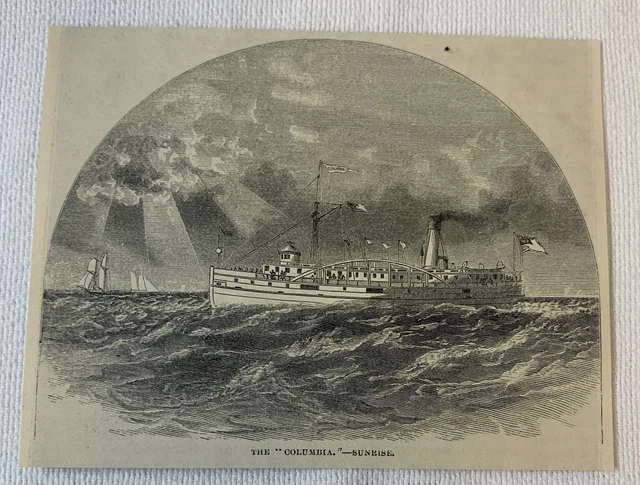 1872 magazine engraving~ THE 'COLUMBIA' AT SEA AT SUNRISE