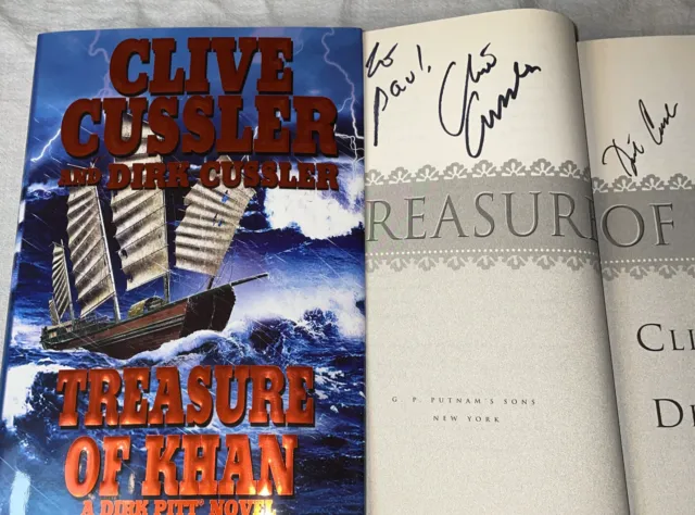 SIGNED 2X Treasure Of Khan Book by Clive & Dirk Cussler HC Hardcover DJ Autograp